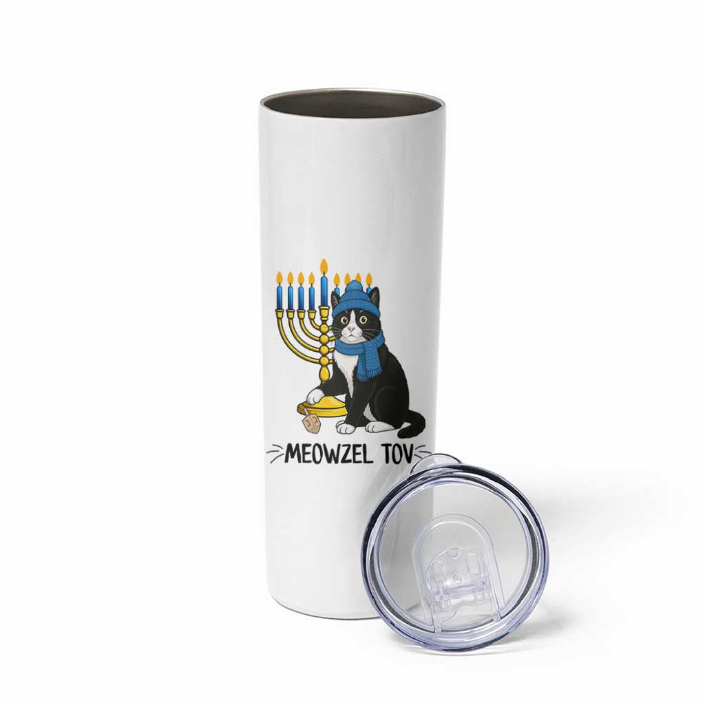 Meowzel Tov Skinny Tumbler Black Cat Playing Dreidel Menorah Hanukkah Gift - Wonder Print Shop