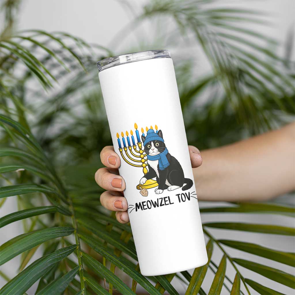 Meowzel Tov Skinny Tumbler Black Cat Playing Dreidel Menorah Hanukkah Gift - Wonder Print Shop