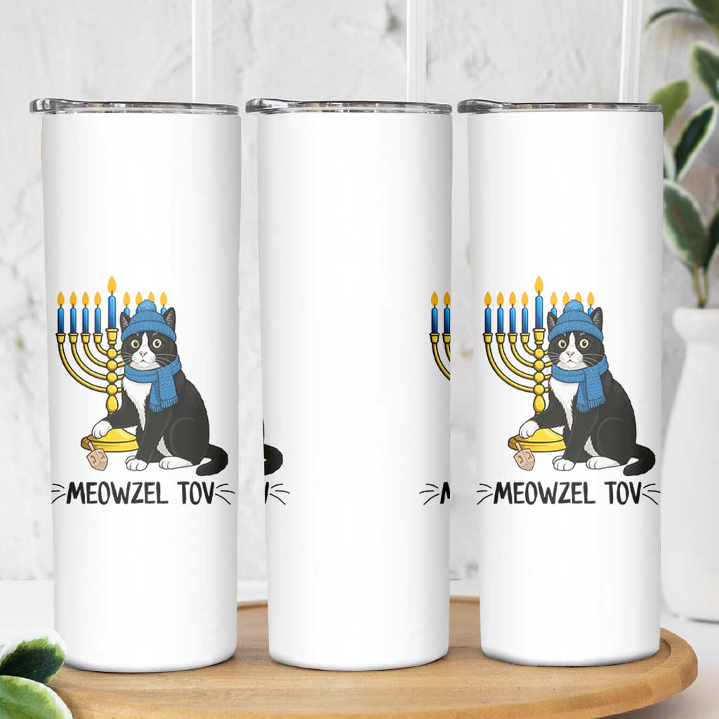 Meowzel Tov Skinny Tumbler Black Cat Playing Dreidel Menorah Hanukkah Gift - Wonder Print Shop