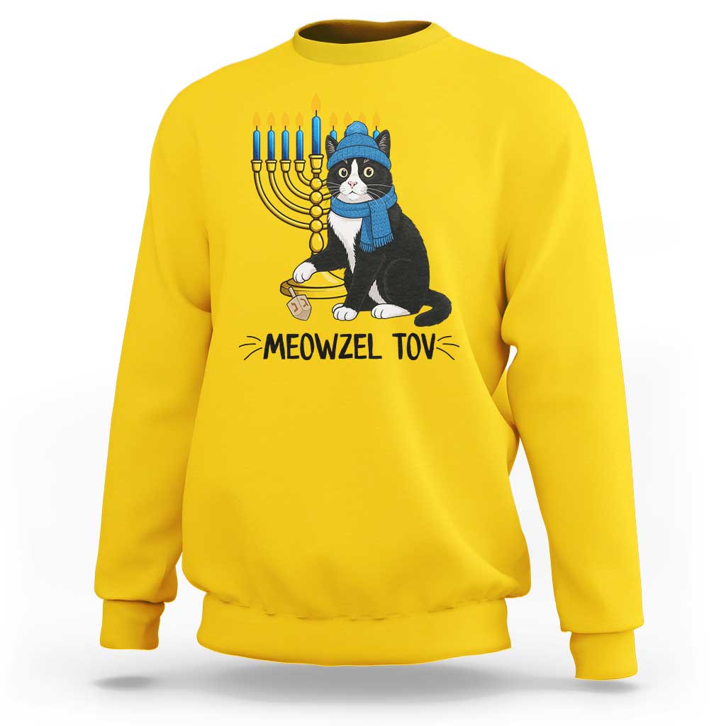 Meowzel Tov Sweatshirt Black Cat Playing Dreidel Menorah Hanukkah Gift - Wonder Print Shop