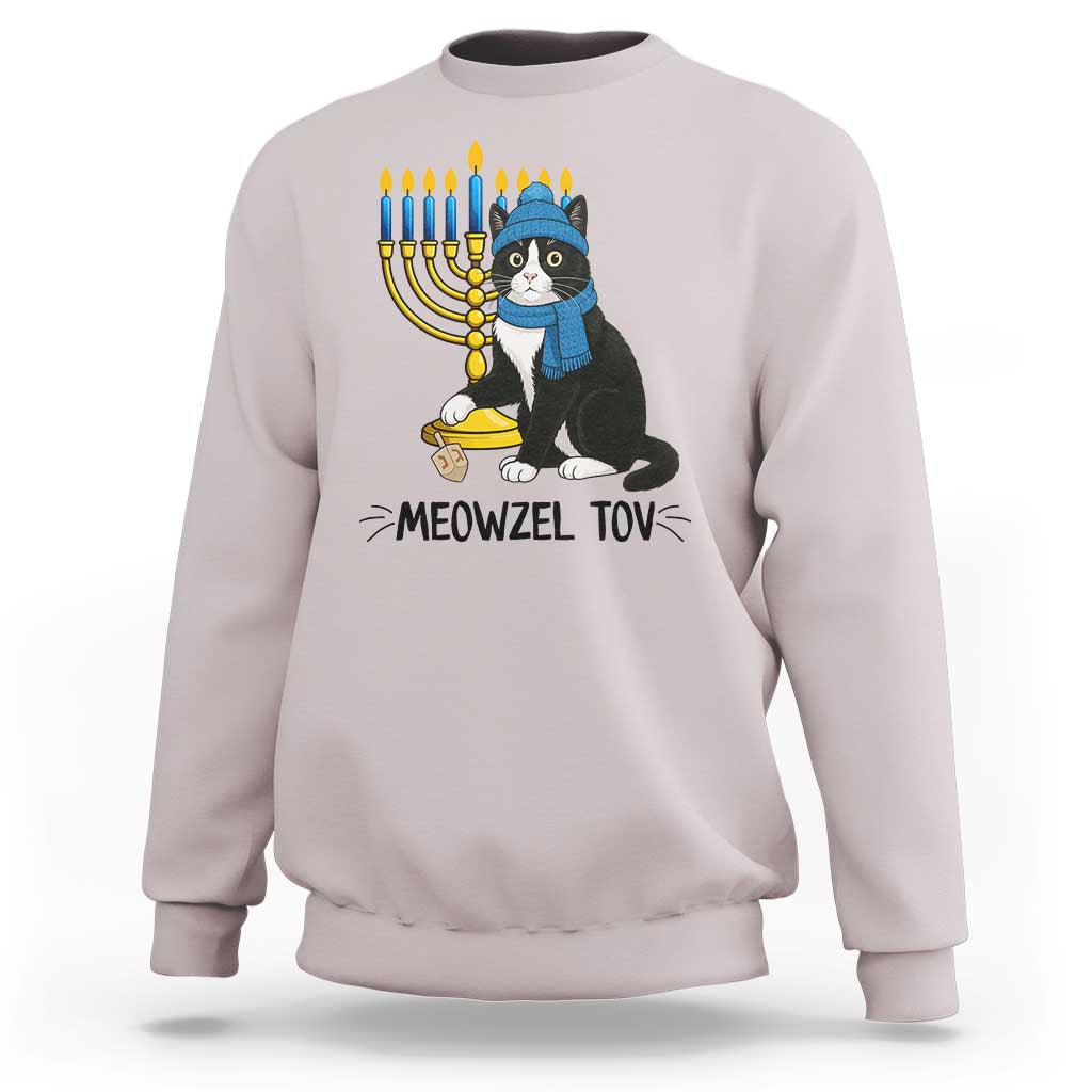 Meowzel Tov Sweatshirt Black Cat Playing Dreidel Menorah Hanukkah Gift - Wonder Print Shop