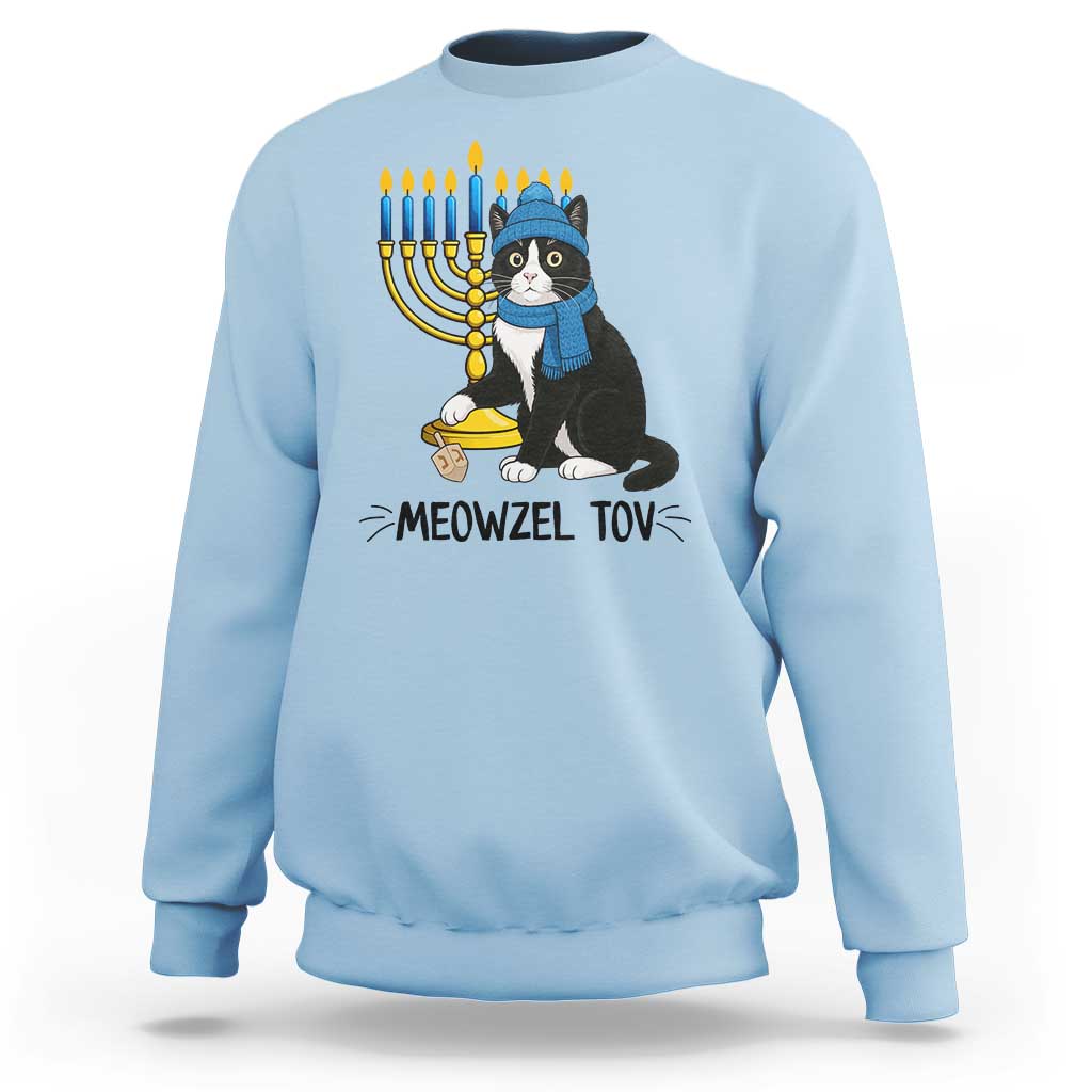 Meowzel Tov Sweatshirt Black Cat Playing Dreidel Menorah Hanukkah Gift - Wonder Print Shop