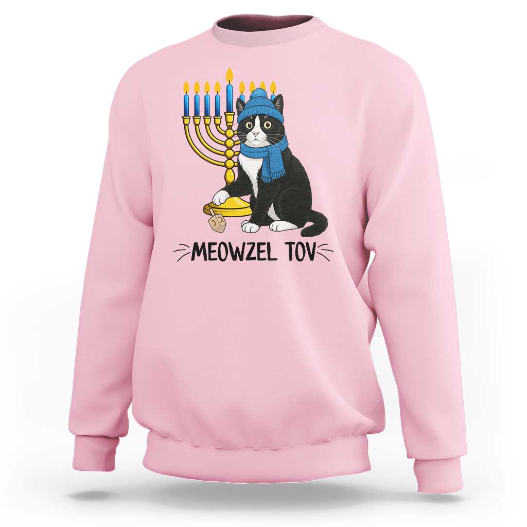 Meowzel Tov Sweatshirt Black Cat Playing Dreidel Menorah Hanukkah Gift - Wonder Print Shop