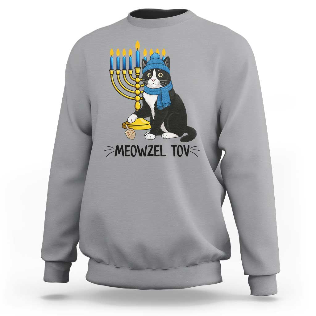 Meowzel Tov Sweatshirt Black Cat Playing Dreidel Menorah Hanukkah Gift - Wonder Print Shop