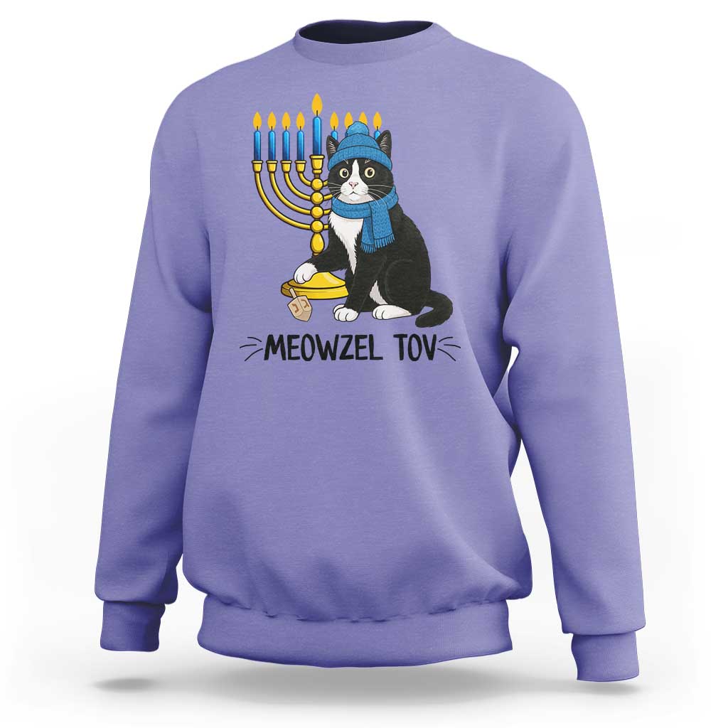 Meowzel Tov Sweatshirt Black Cat Playing Dreidel Menorah Hanukkah Gift - Wonder Print Shop