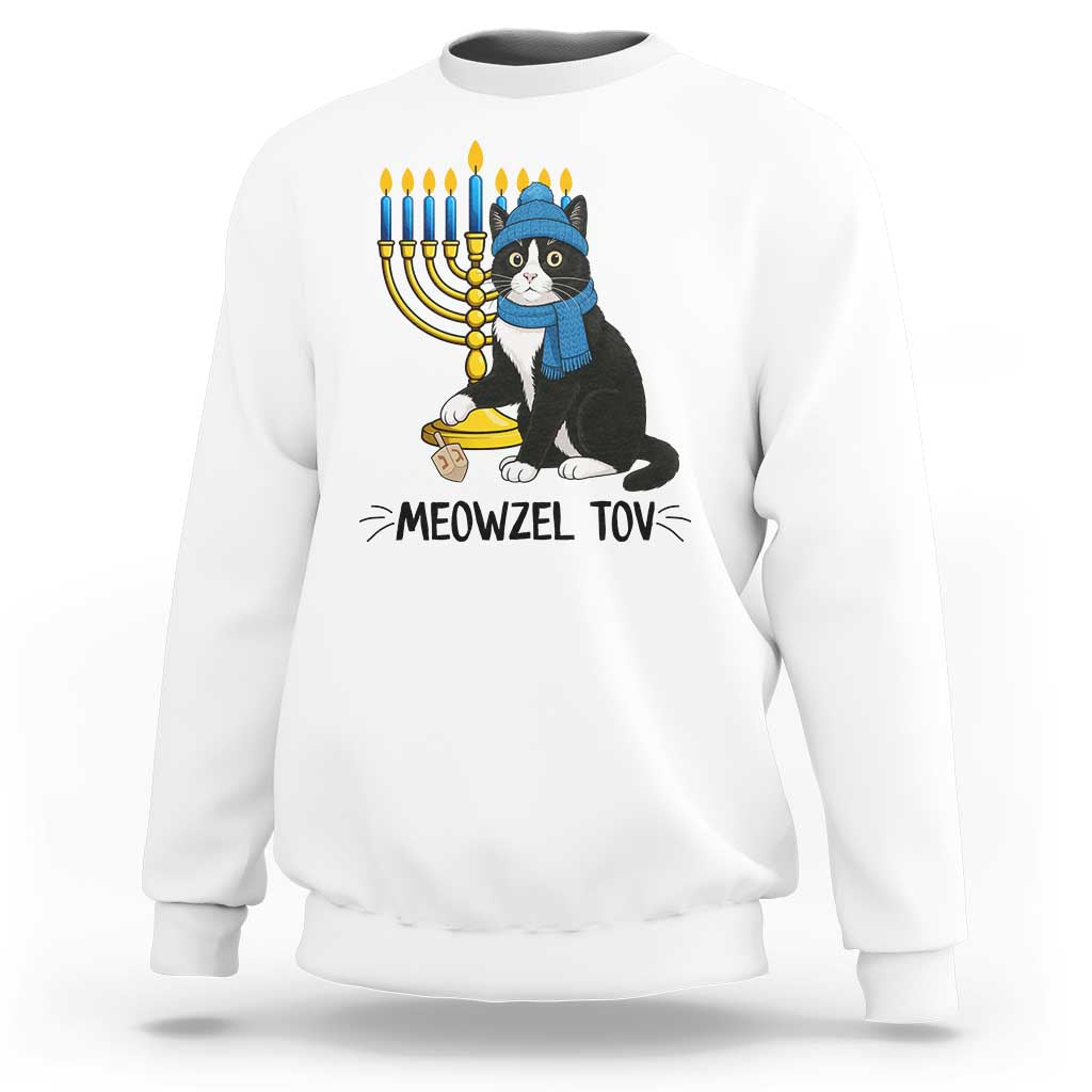 Meowzel Tov Sweatshirt Black Cat Playing Dreidel Menorah Hanukkah Gift - Wonder Print Shop
