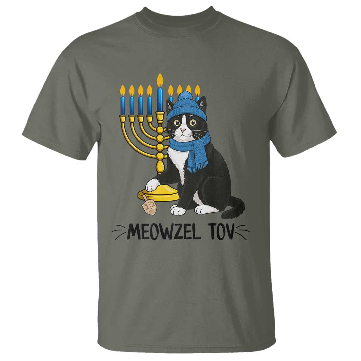 Meowzel Tov T Shirt Black Cat Playing Dreidel Menorah Hanukkah Gift - Wonder Print Shop