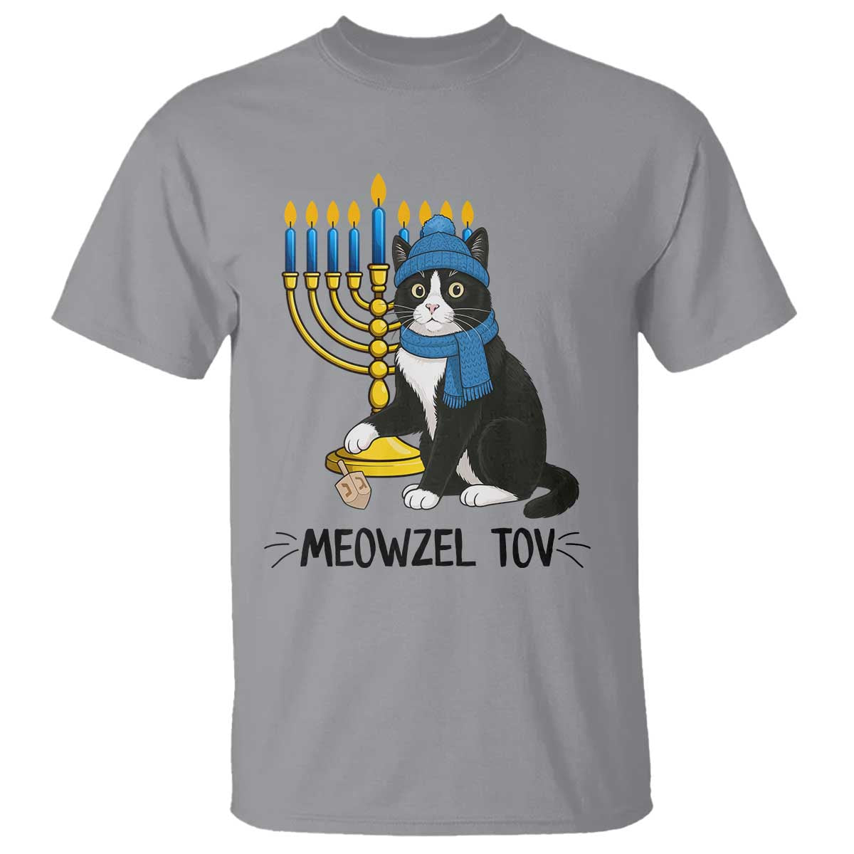 Meowzel Tov T Shirt Black Cat Playing Dreidel Menorah Hanukkah Gift - Wonder Print Shop