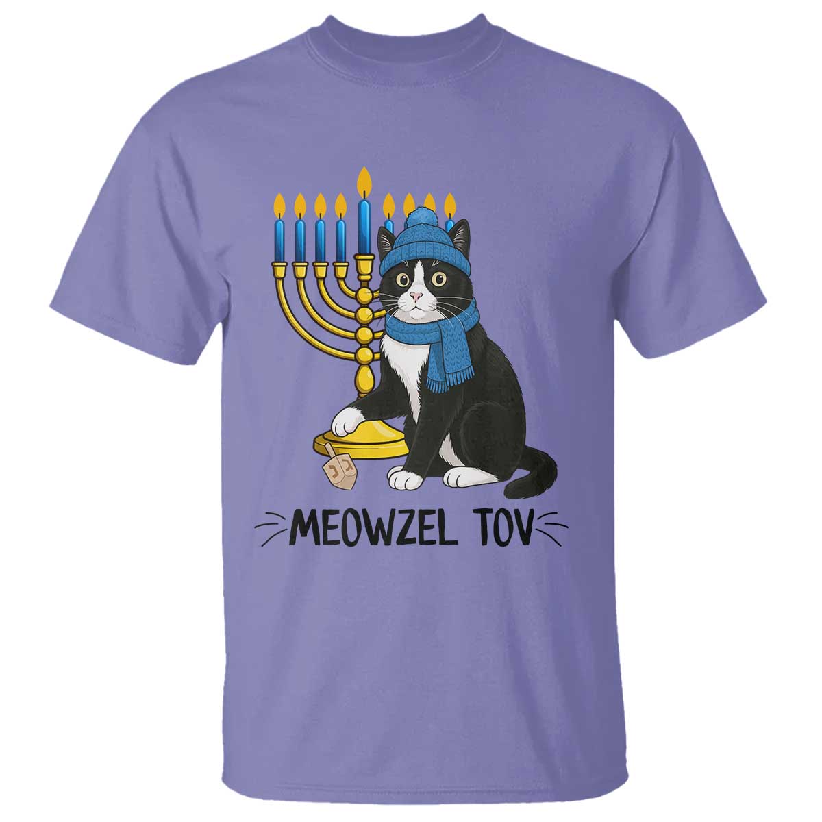 Meowzel Tov T Shirt Black Cat Playing Dreidel Menorah Hanukkah Gift - Wonder Print Shop
