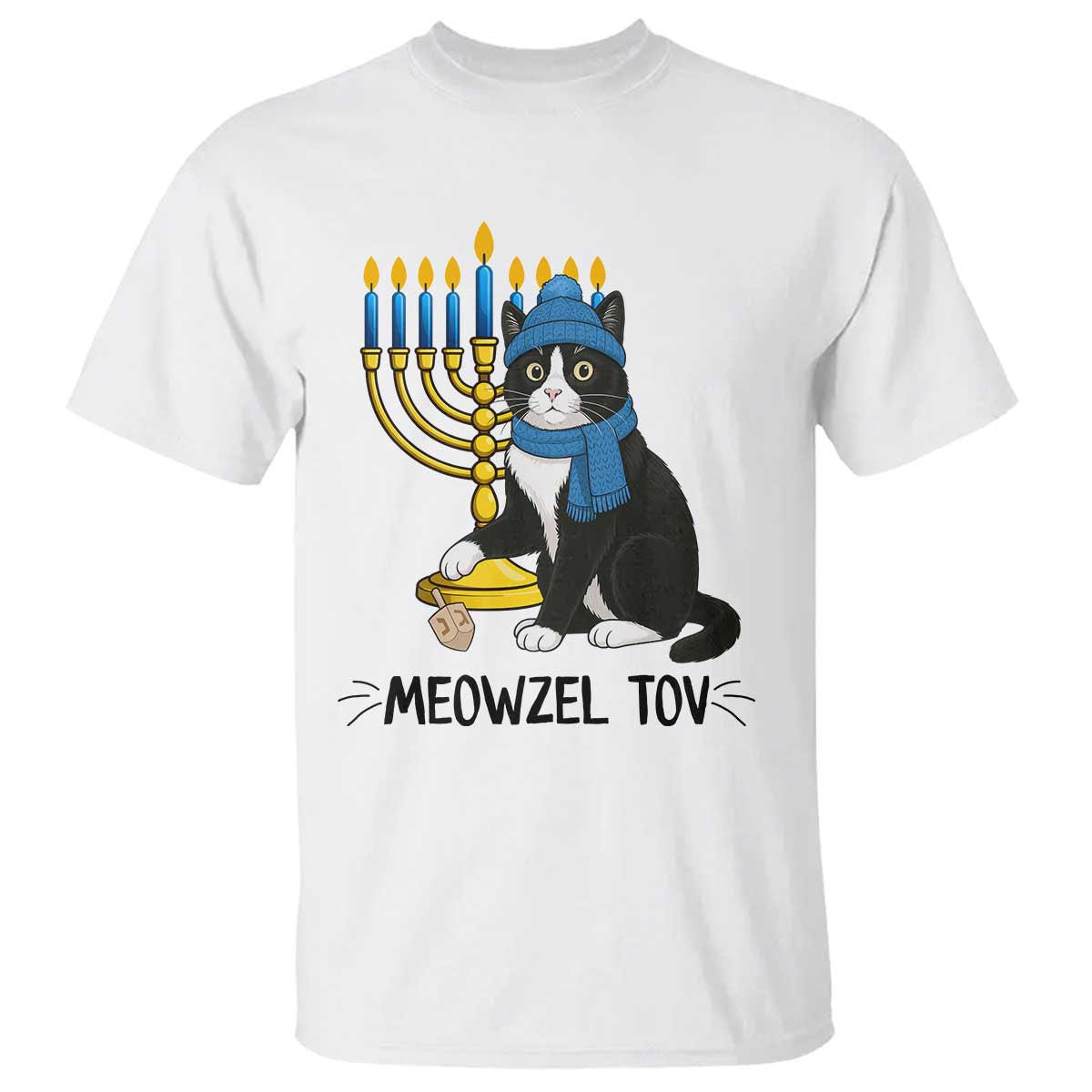 Meowzel Tov T Shirt Black Cat Playing Dreidel Menorah Hanukkah Gift - Wonder Print Shop