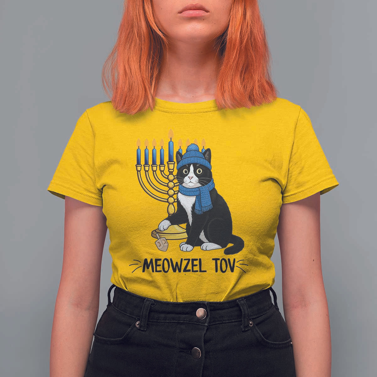 Meowzel Tov T Shirt For Women Black Cat Playing Dreidel Menorah Hanukkah Gift - Wonder Print Shop