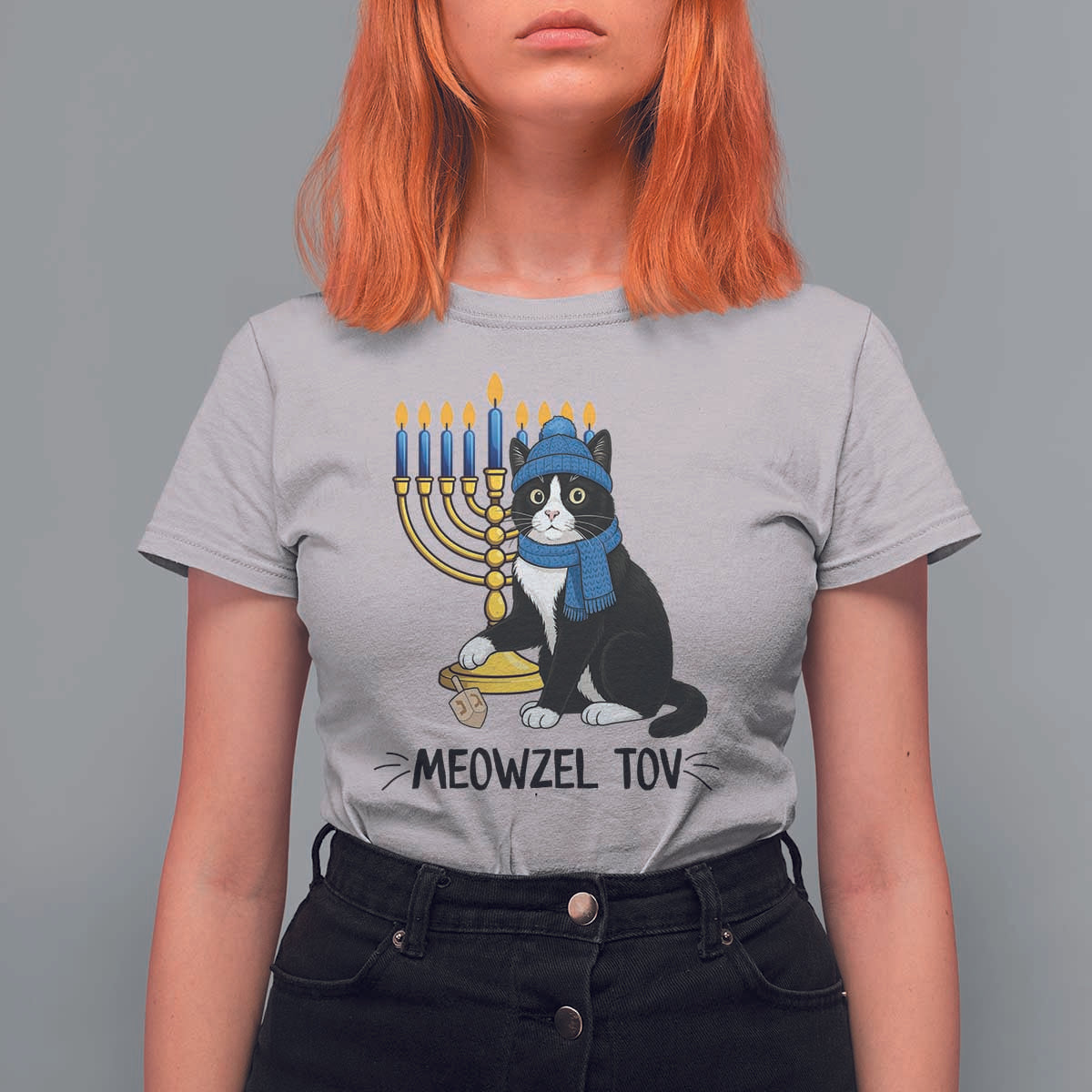 Meowzel Tov T Shirt For Women Black Cat Playing Dreidel Menorah Hanukkah Gift - Wonder Print Shop