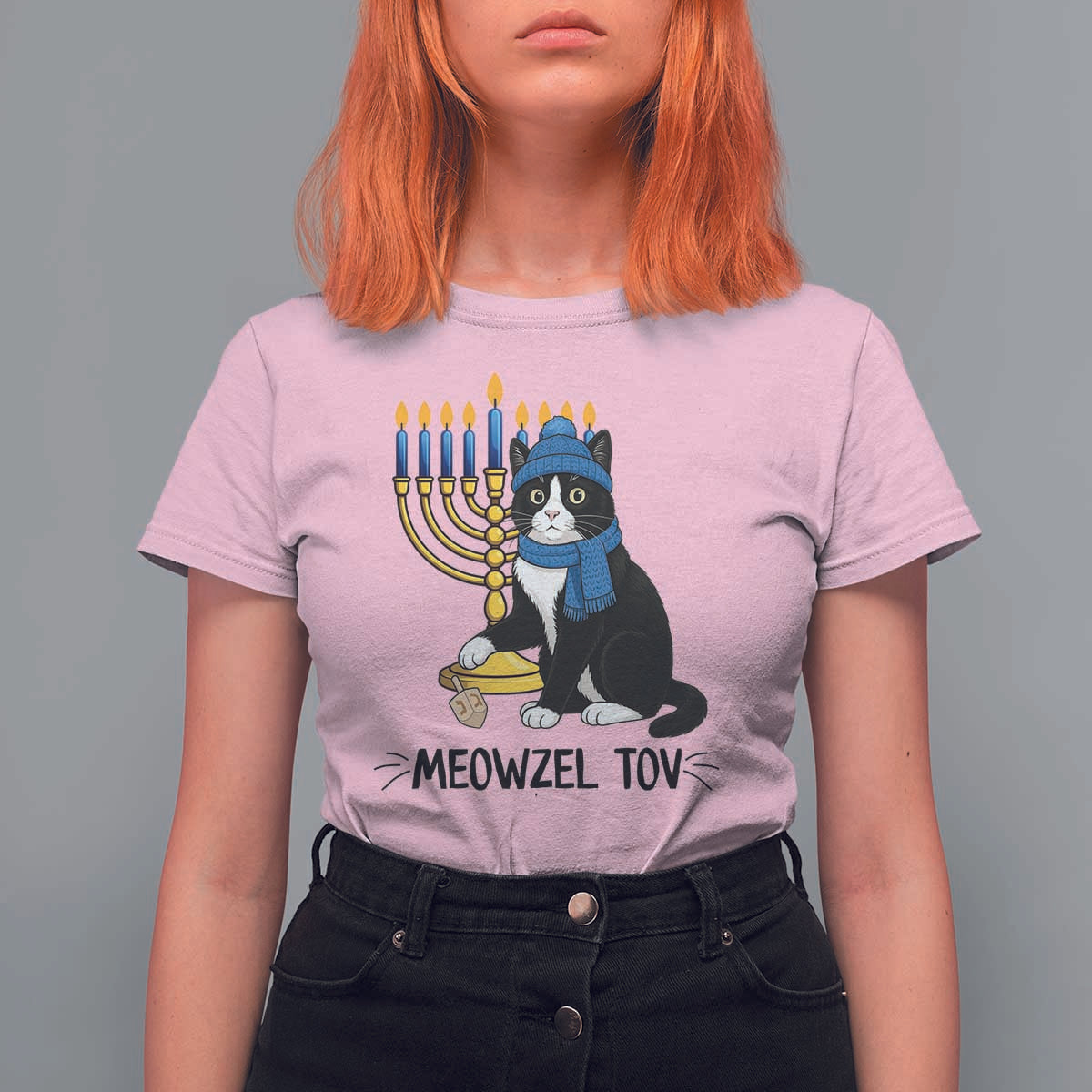 Meowzel Tov T Shirt For Women Black Cat Playing Dreidel Menorah Hanukkah Gift - Wonder Print Shop