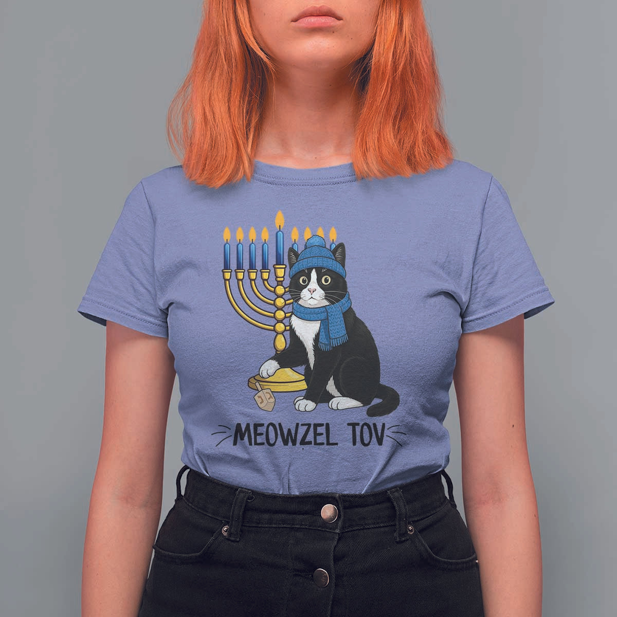 Meowzel Tov T Shirt For Women Black Cat Playing Dreidel Menorah Hanukkah Gift - Wonder Print Shop