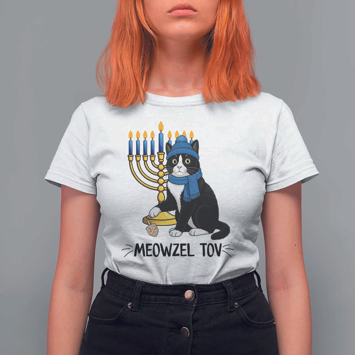 Meowzel Tov T Shirt For Women Black Cat Playing Dreidel Menorah Hanukkah Gift - Wonder Print Shop