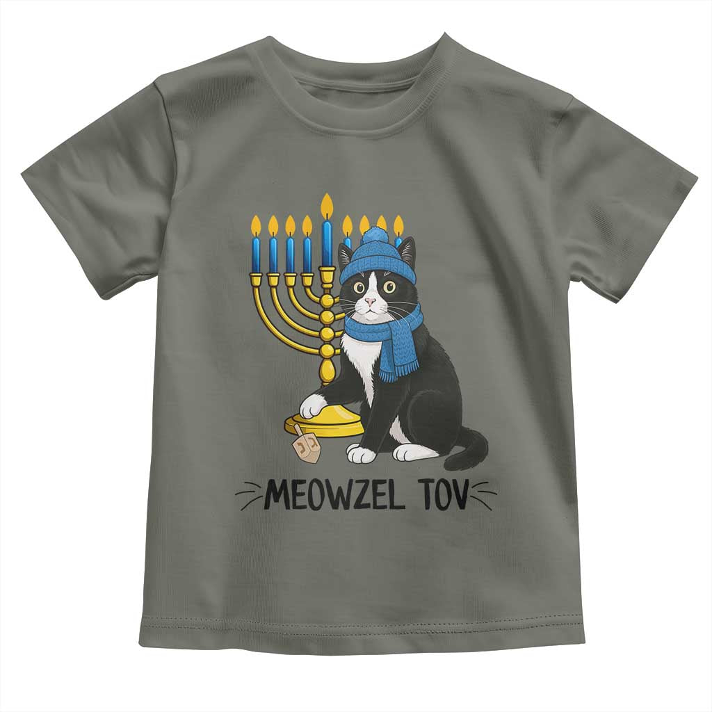 Meowzel Tov Toddler T Shirt Black Cat Playing Dreidel Menorah Hanukkah Gift - Wonder Print Shop