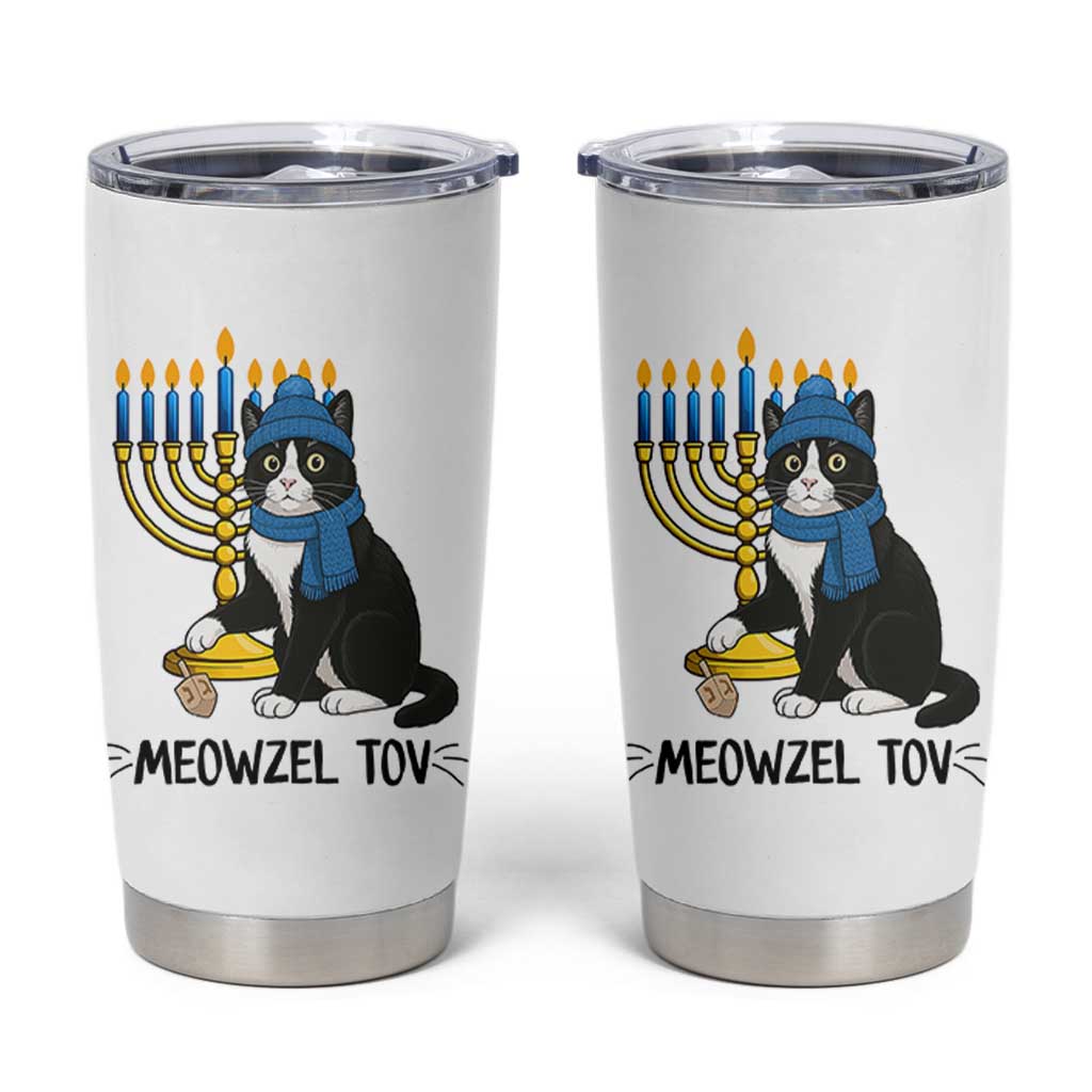 Meowzel Tov Tumbler Cup Black Cat Playing Dreidel Menorah Hanukkah Gift - Wonder Print Shop
