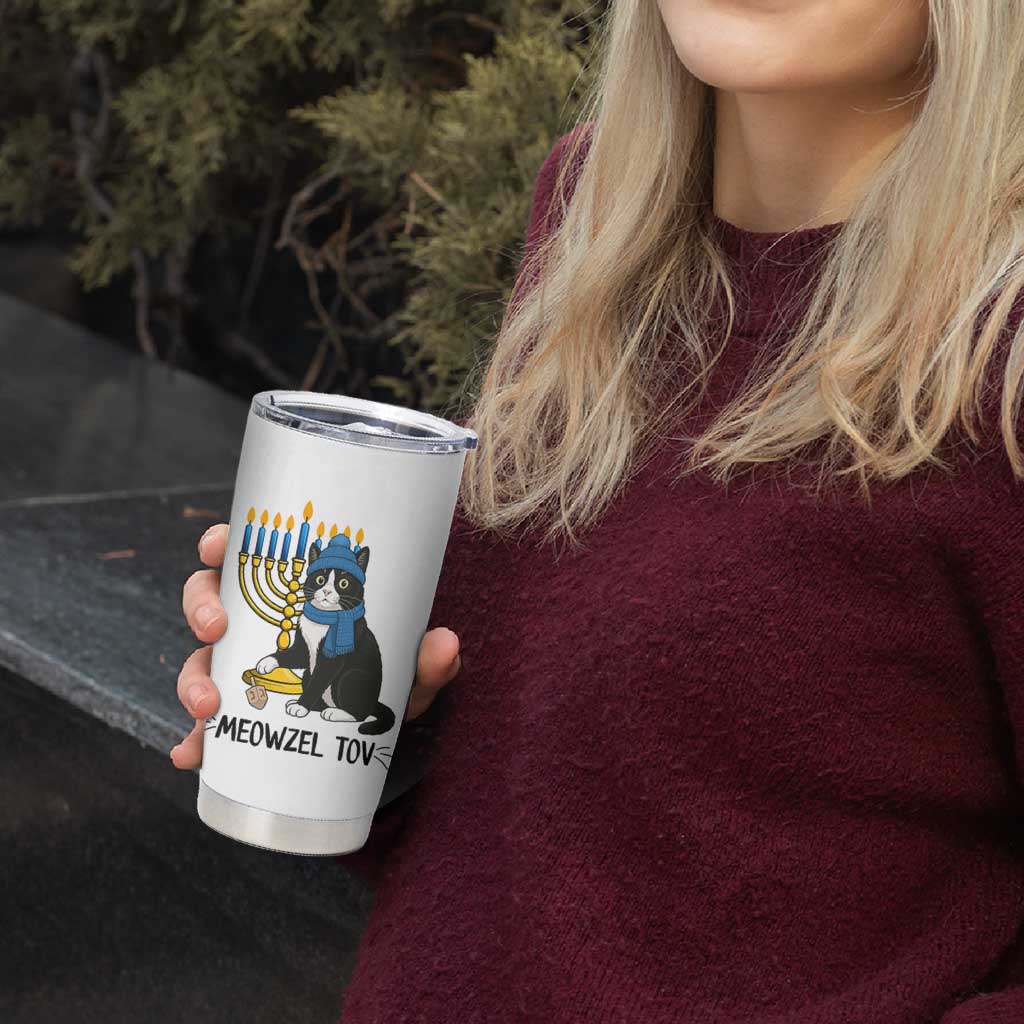 Meowzel Tov Tumbler Cup Black Cat Playing Dreidel Menorah Hanukkah Gift - Wonder Print Shop