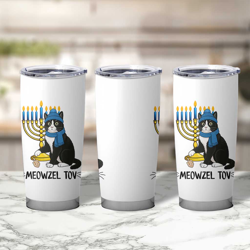 Meowzel Tov Tumbler Cup Black Cat Playing Dreidel Menorah Hanukkah Gift - Wonder Print Shop