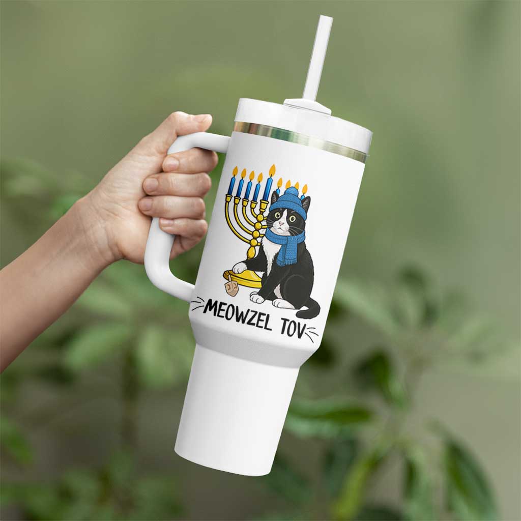 Meowzel Tov Tumbler With Handle Black Cat Playing Dreidel Menorah Hanukkah Gift - Wonder Print Shop