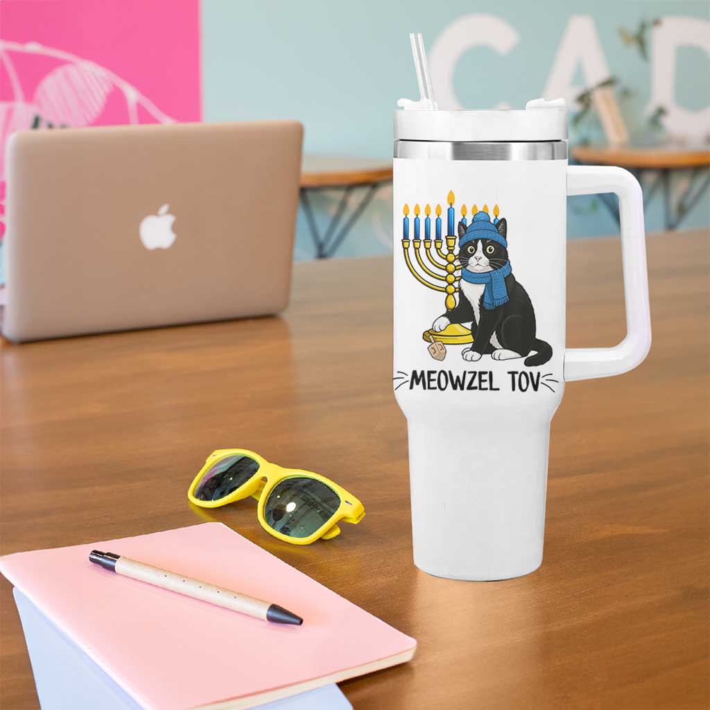 Meowzel Tov Tumbler With Handle Black Cat Playing Dreidel Menorah Hanukkah Gift - Wonder Print Shop