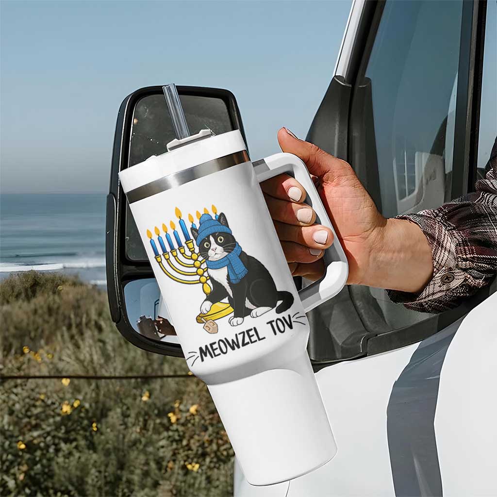 Meowzel Tov Tumbler With Handle Black Cat Playing Dreidel Menorah Hanukkah Gift - Wonder Print Shop