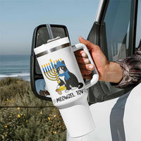 Meowzel Tov Tumbler With Handle Black Cat Playing Dreidel Menorah Hanukkah Gift - Wonder Print Shop