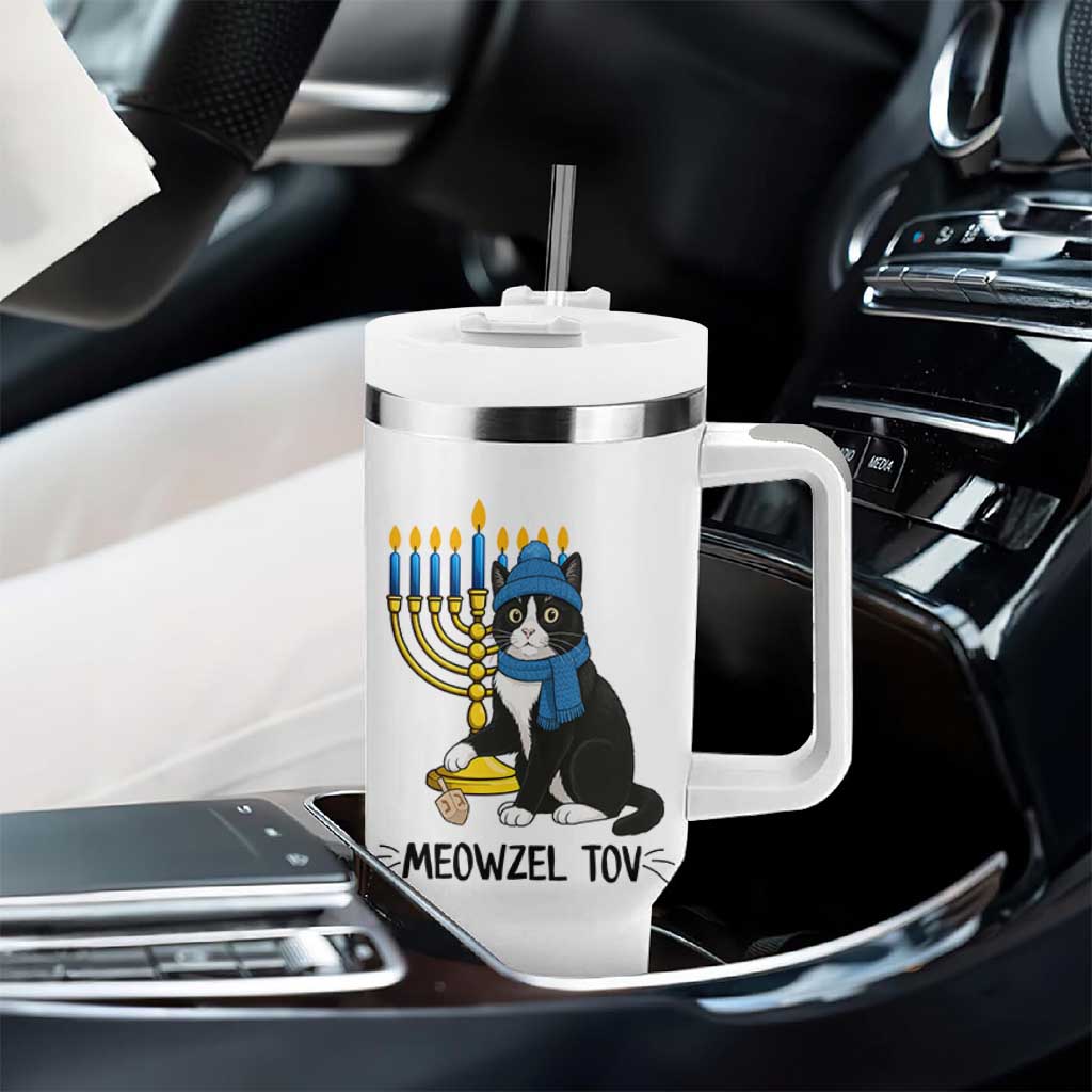 Meowzel Tov Tumbler With Handle Black Cat Playing Dreidel Menorah Hanukkah Gift - Wonder Print Shop