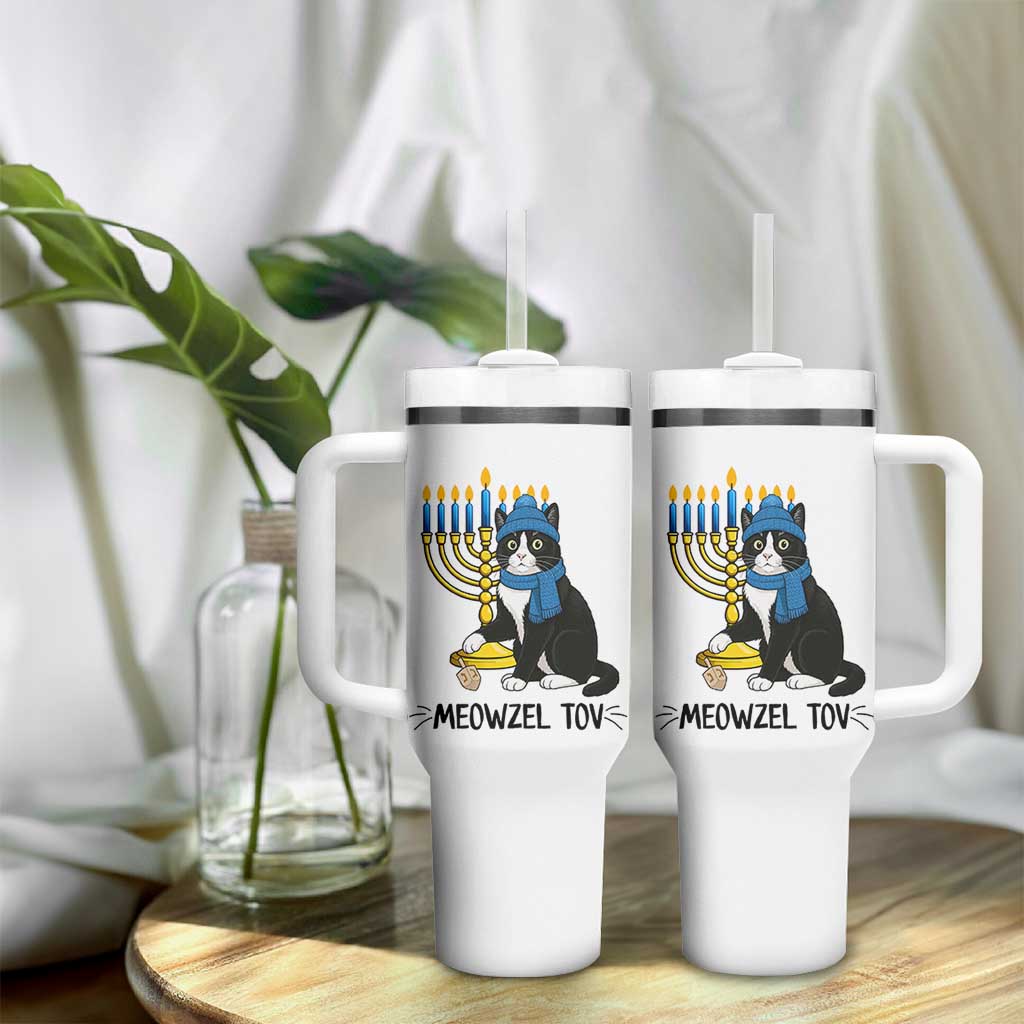 Meowzel Tov Tumbler With Handle Black Cat Playing Dreidel Menorah Hanukkah Gift - Wonder Print Shop