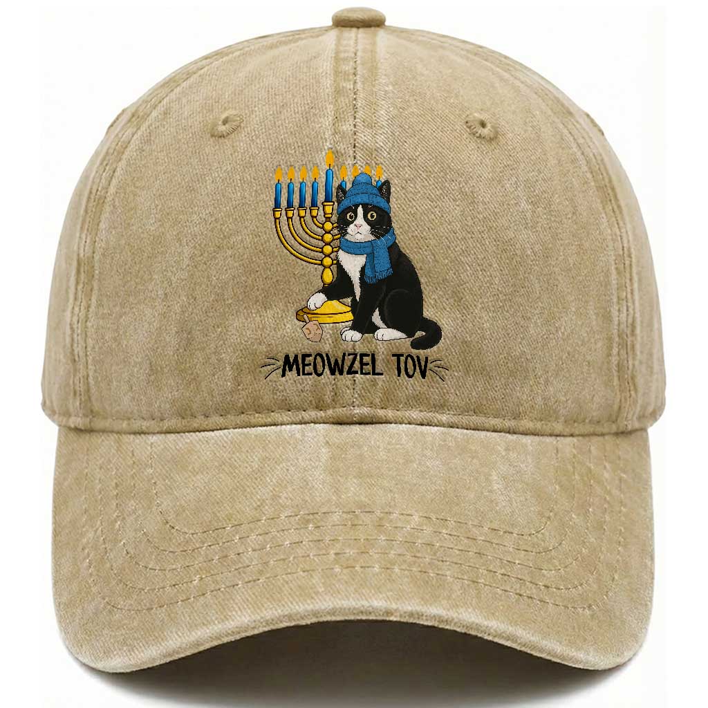 Meowzel Tov Washed Cotton Baseball Cap Black Cat Playing Dreidel Menorah Hanukkah Gift