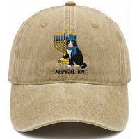 Meowzel Tov Washed Cotton Baseball Cap Black Cat Playing Dreidel Menorah Hanukkah Gift