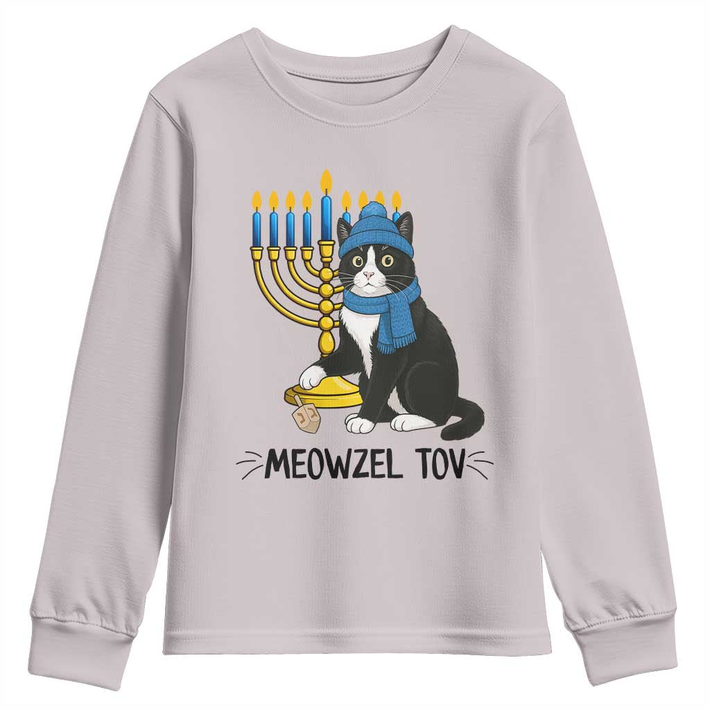 Meowzel Tov Youth Sweatshirt Black Cat Playing Dreidel Menorah Hanukkah Gift - Wonder Print Shop