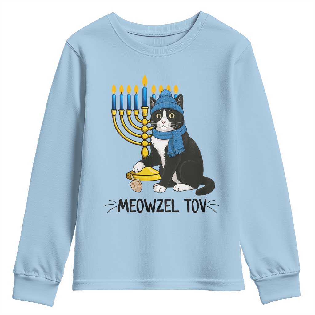 Meowzel Tov Youth Sweatshirt Black Cat Playing Dreidel Menorah Hanukkah Gift - Wonder Print Shop