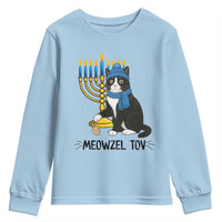 Meowzel Tov Youth Sweatshirt Black Cat Playing Dreidel Menorah Hanukkah Gift - Wonder Print Shop