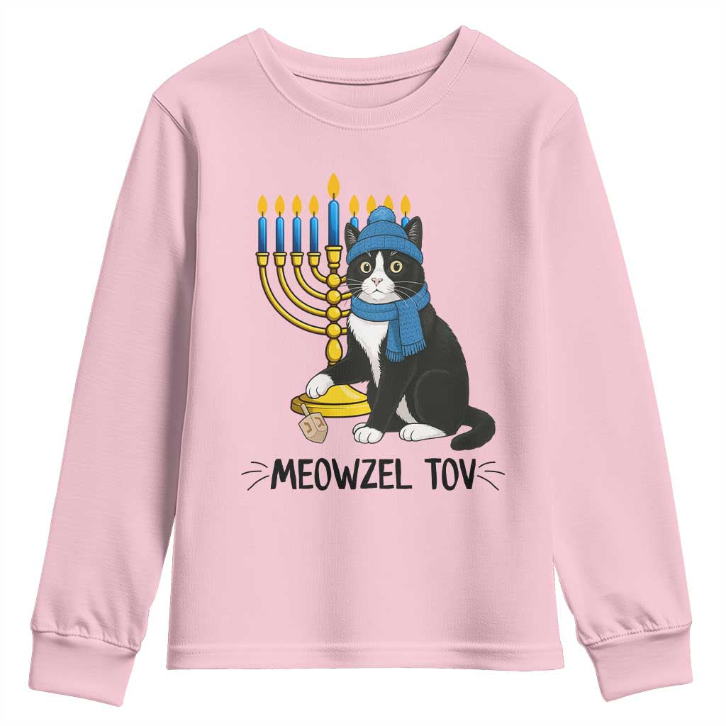 Meowzel Tov Youth Sweatshirt Black Cat Playing Dreidel Menorah Hanukkah Gift - Wonder Print Shop