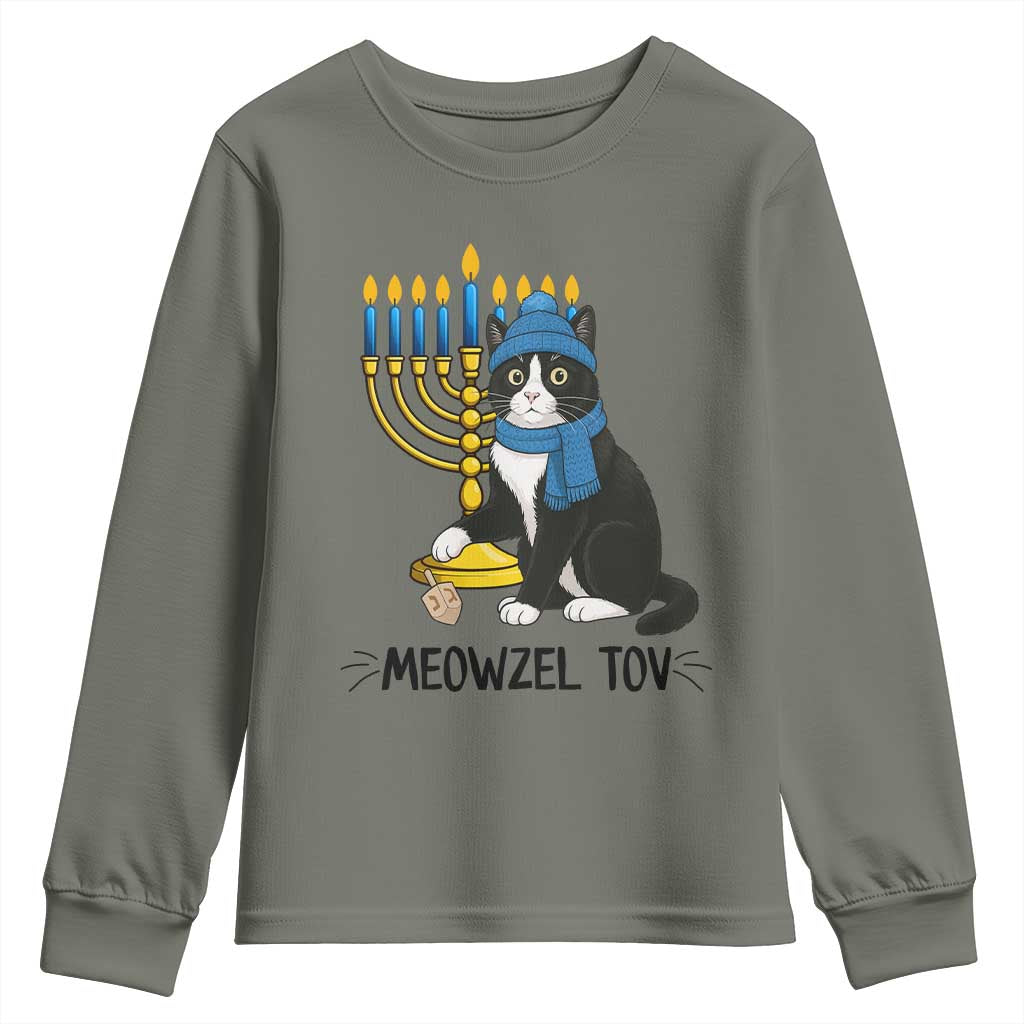 Meowzel Tov Youth Sweatshirt Black Cat Playing Dreidel Menorah Hanukkah Gift - Wonder Print Shop