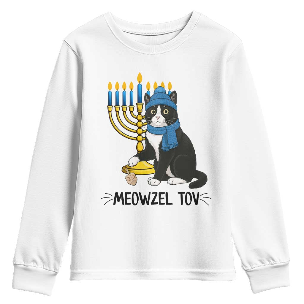 Meowzel Tov Youth Sweatshirt Black Cat Playing Dreidel Menorah Hanukkah Gift - Wonder Print Shop