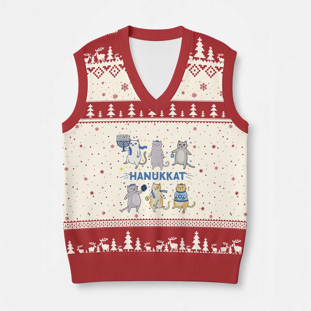 Hanukkat V-Neck Knit Sweater Vest Funny Cats Hanukkah Festival Of Lights Gift - Wonder Print Shop