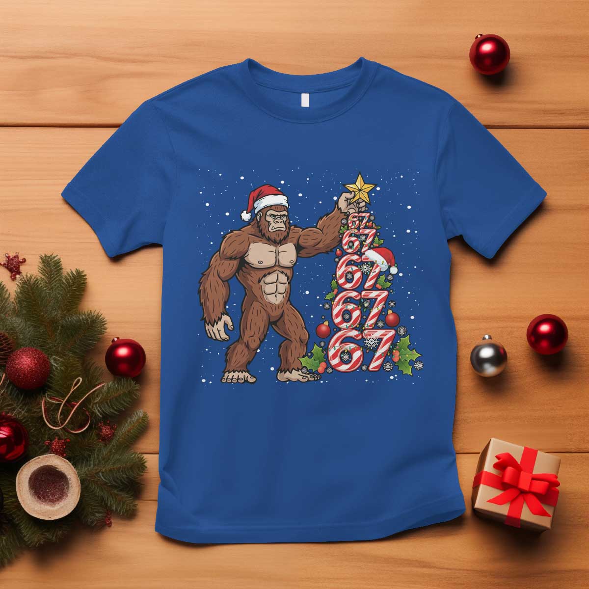Bigfoot Christmas Tree 67 T Shirt Holiday Six Seven Meme Brainrot Gift - Wonder Print Shop