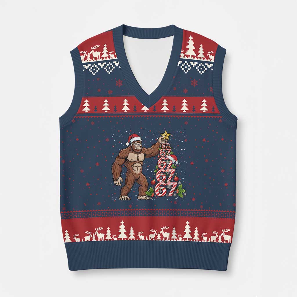 Bigfoot Xmas Tree 67 V-Neck Knit Sweater Vest Holiday Six Seven Meme Brainrot Gift - Wonder Print Shop