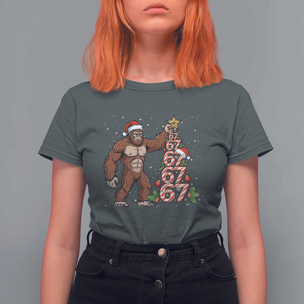 Bigfoot Christmas Tree 67 T Shirt For Women Holiday Six Seven Meme Brainrot Gift - Wonder Print Shop