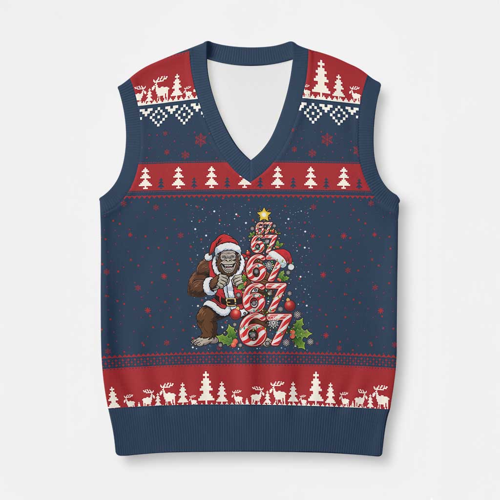 Trending Six Seven Meme Bigfoot Xmas Tree V-Neck Knit Sweater Vest Holiday Gift - Wonder Print Shop