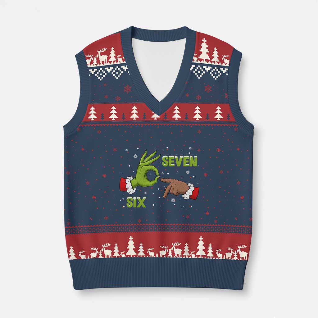 Funny Green And Bigfoot Six Seven Meme V-Neck Knit Sweater Vest Xmas Trend Gift - Wonder Print Shop
