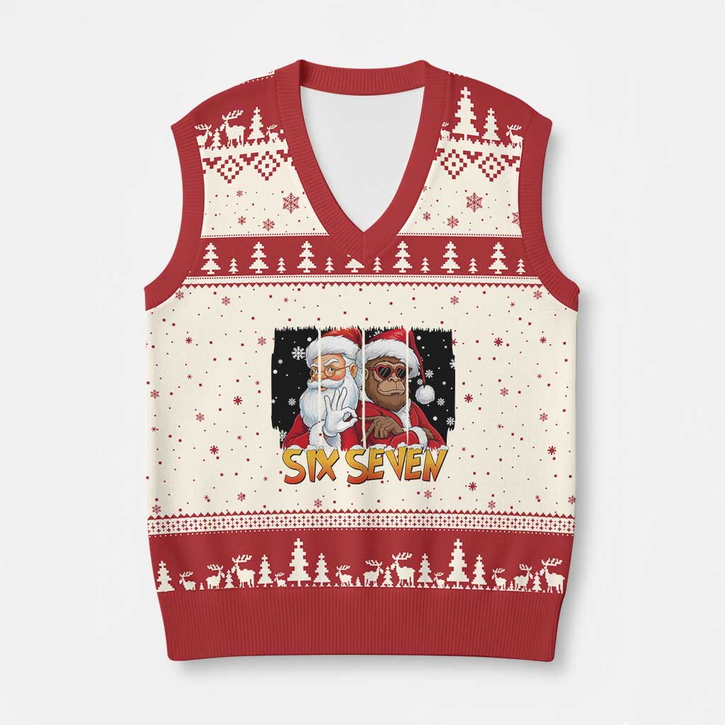 Six Seven Meme Santa Bigfoot V-Neck Knit Sweater Vest 67 Viral Gen Alpha Slang Xmas Gift - Wonder Print Shop