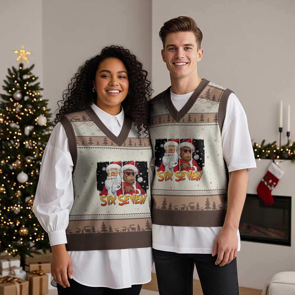 Six Seven Meme Santa Bigfoot V-Neck Knit Sweater Vest 67 Viral Gen Alpha Slang Xmas Gift - Wonder Print Shop