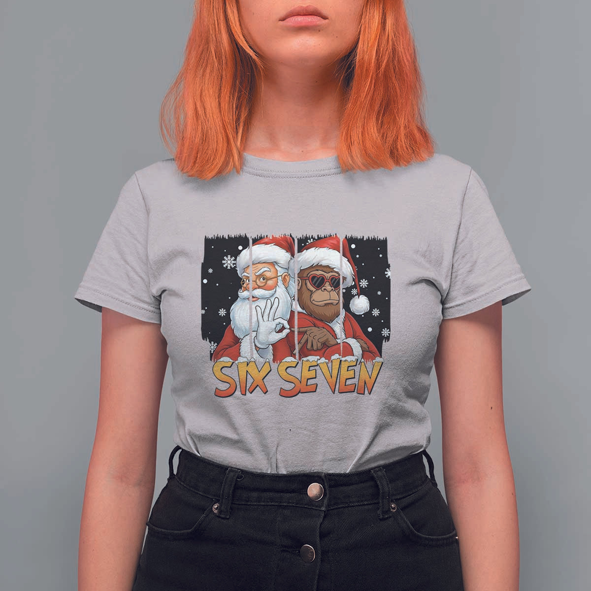 Six Seven Meme Santa Bigfoot T Shirt For Women 67 Viral Gen Alpha Slang Christmas Gift - Wonder Print Shop