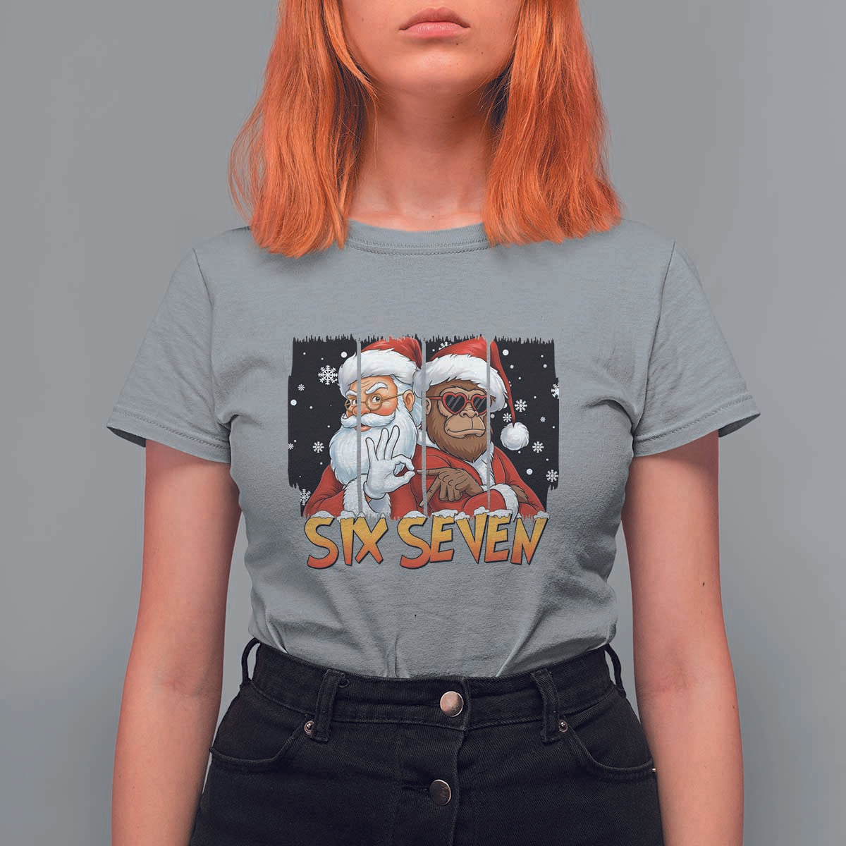 Six Seven Meme Santa Bigfoot T Shirt For Women 67 Viral Gen Alpha Slang Christmas Gift - Wonder Print Shop