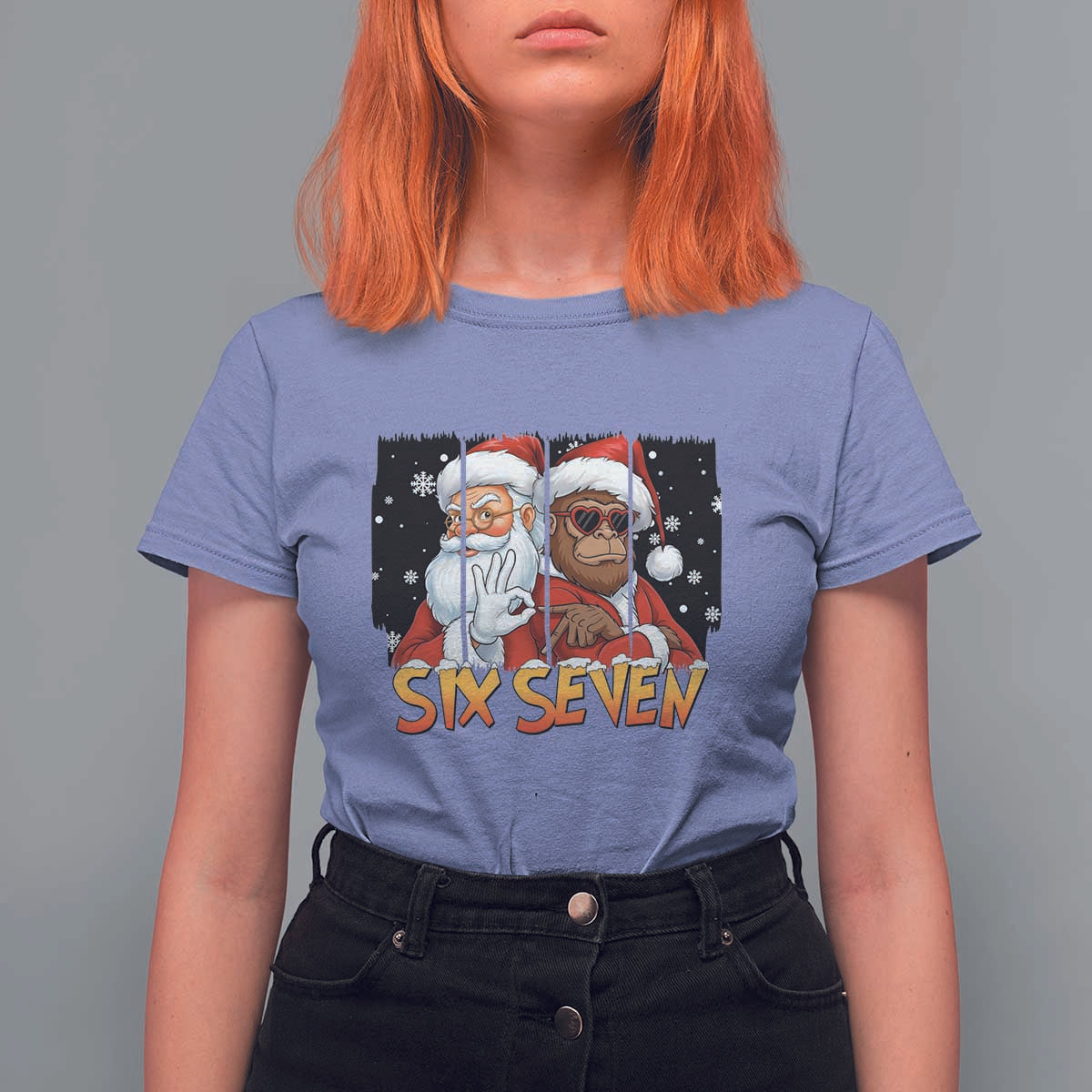 Six Seven Meme Santa Bigfoot T Shirt For Women 67 Viral Gen Alpha Slang Christmas Gift - Wonder Print Shop