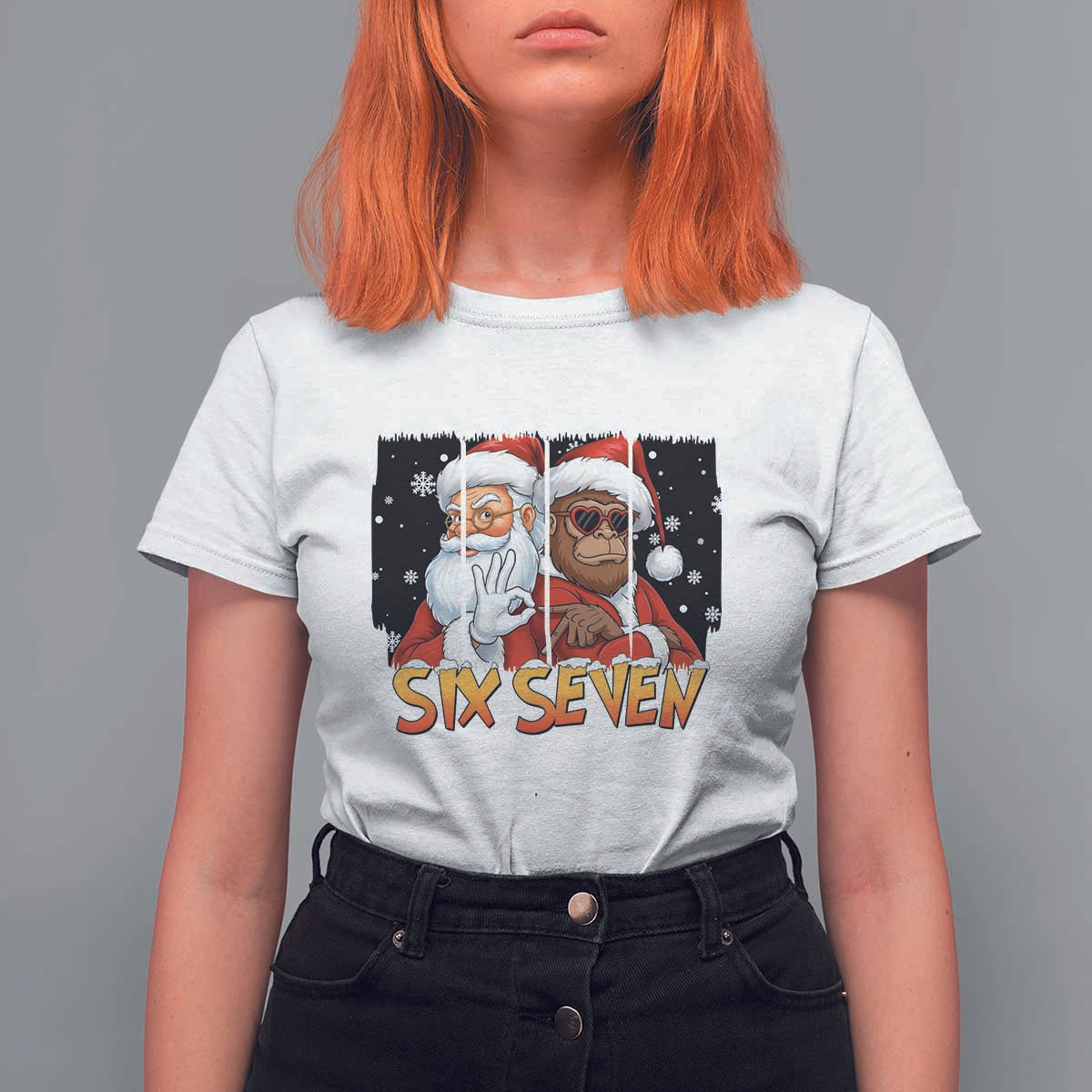 Six Seven Meme Santa Bigfoot T Shirt For Women 67 Viral Gen Alpha Slang Christmas Gift - Wonder Print Shop