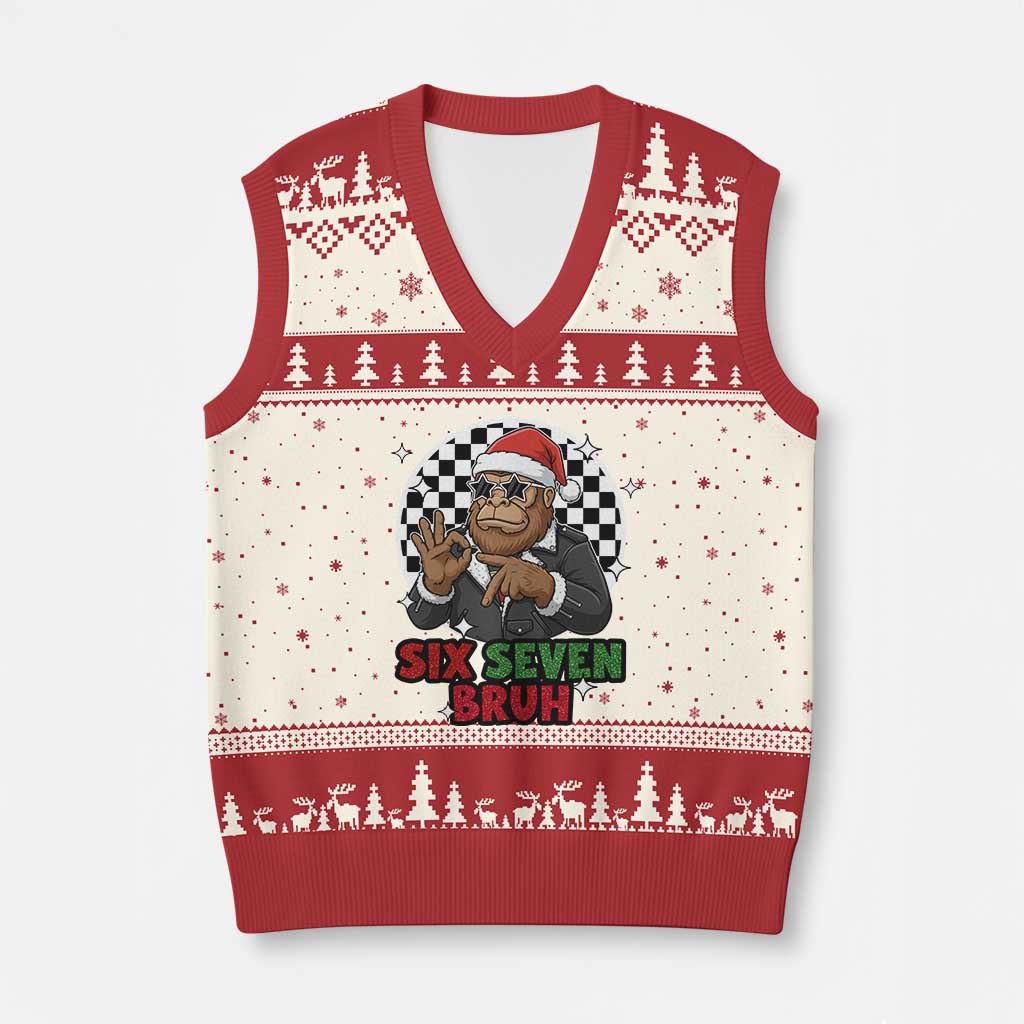 Biker Santa Six Seven Bruh V-Neck Knit Sweater Vest Xmas Gift For Gen Z - Wonder Print Shop